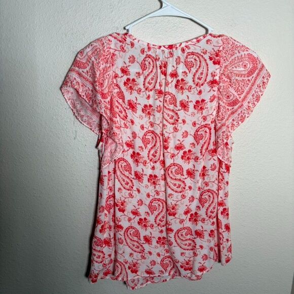 Lucky Brand Blouse Women's Small Pink Paisley V-Neck Ruffle Boho Shirt Top - Picture 4 of 8